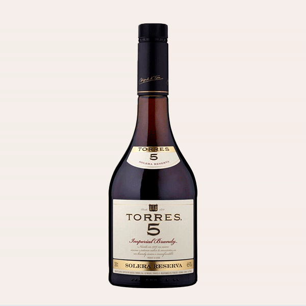 Botella de brandy Torres 5 Años Solera Reserva