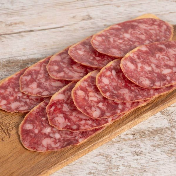 Sliced acorn-fed Iberian salchichón from Museo del Jamón